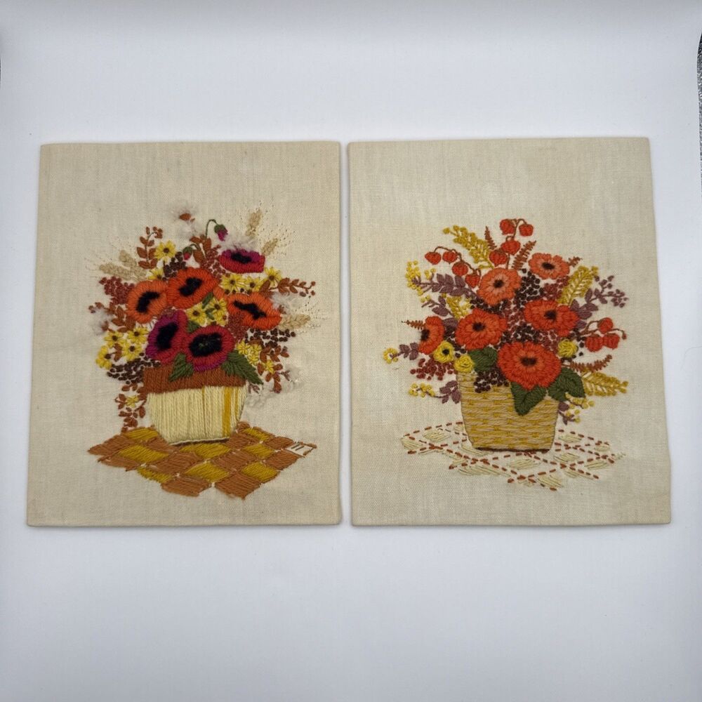 Vtg Set 2 Completed Crewel 10" X 8" Unframed Boarded Floral Basket Fall Autumn